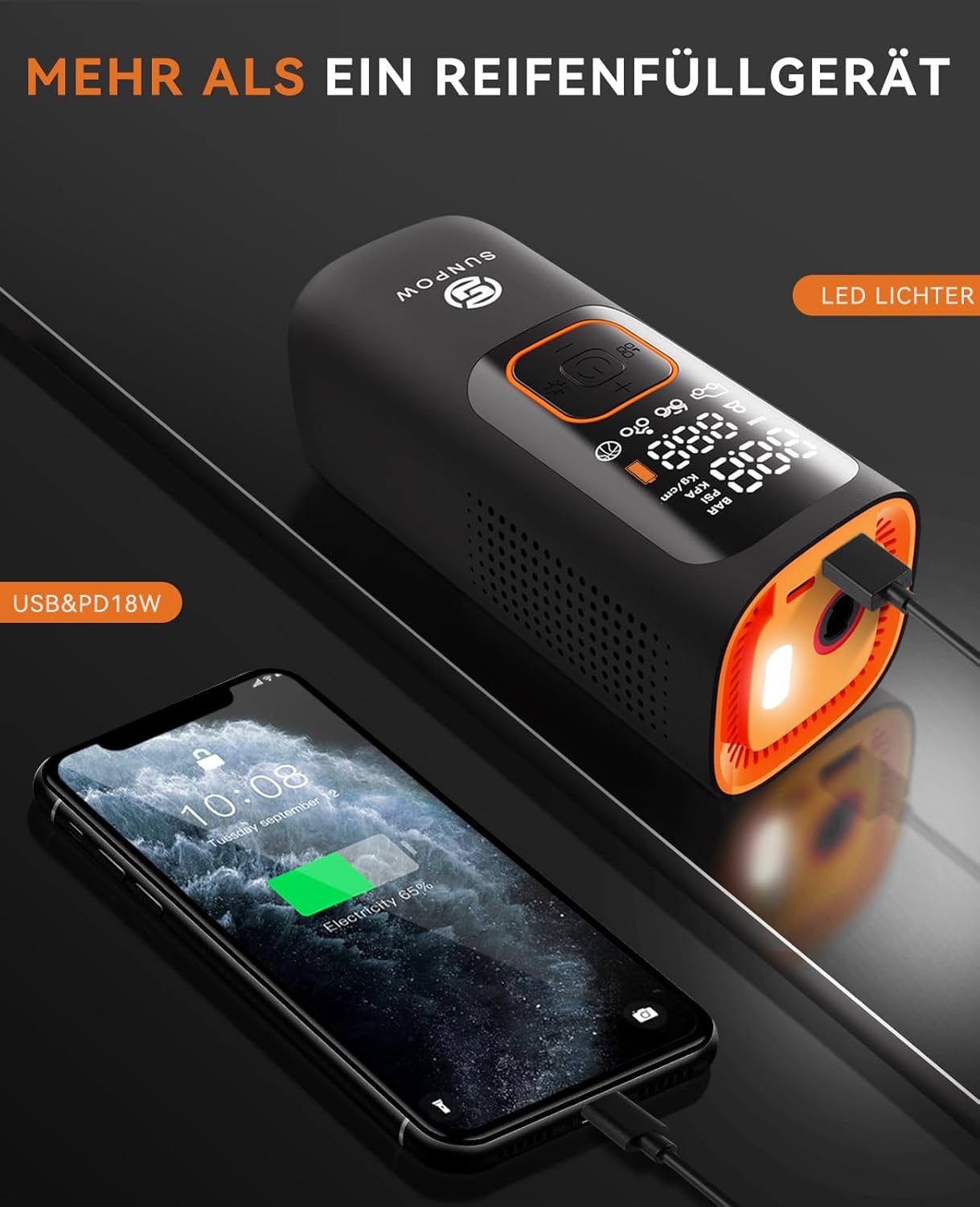 Compresor Electric Portabil SUNPOW 160 PSI, 7500 mAh - Puternic, rapid și ideal pentru orice situație de urgență auto