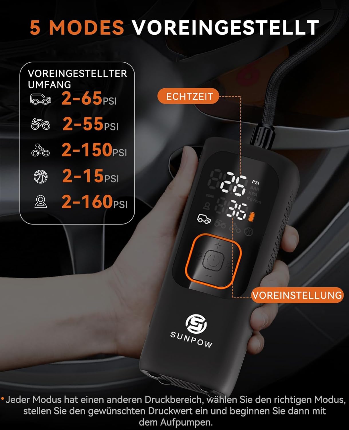 Compresor Electric Portabil SUNPOW 160 PSI, 7500 mAh - Puternic, rapid și ideal pentru orice situație de urgență auto