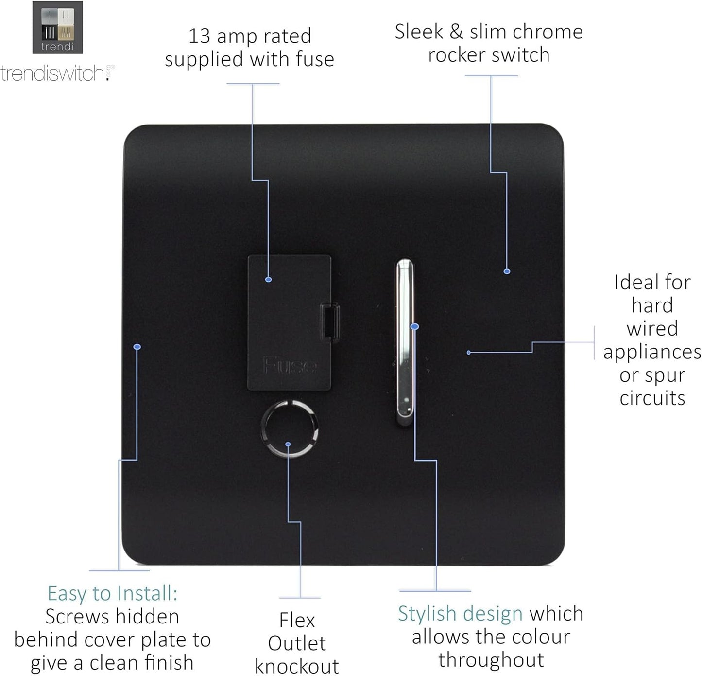 Trendi Switch Fused Spur 13A, Placă Screwless, Negru Mat