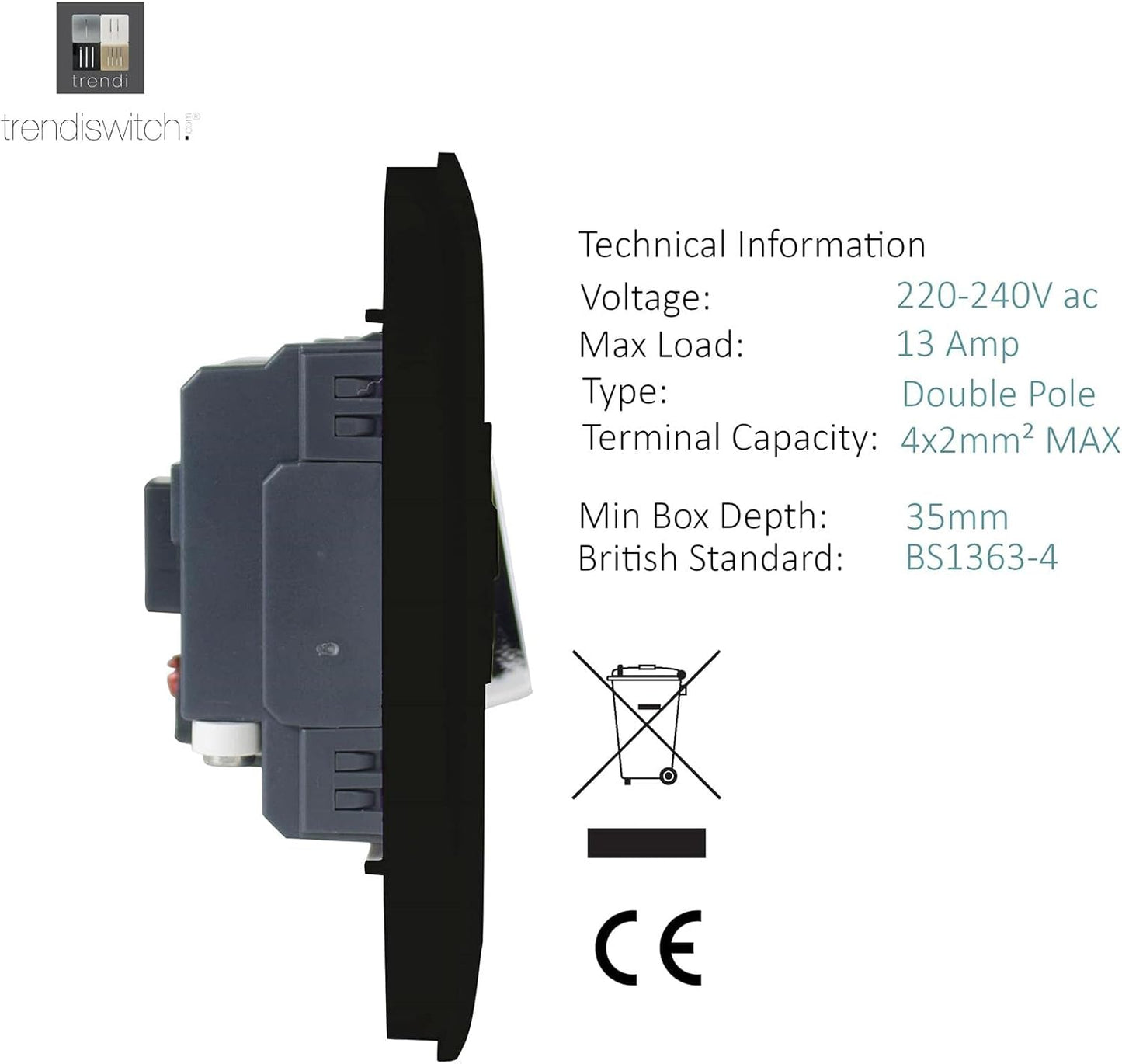 Trendi Switch Fused Spur 13A, Placă Screwless, Negru Mat