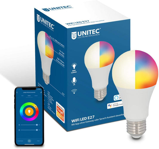 Bec Inteligent UNITEC WiFi LED E27, RGB+CCT, 10W, Dimmabil, Control prin App & Voice