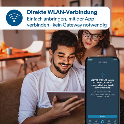 Bec Inteligent UNITEC WiFi LED E27, RGB+CCT, 10W, Dimmabil, Control prin App & Voice