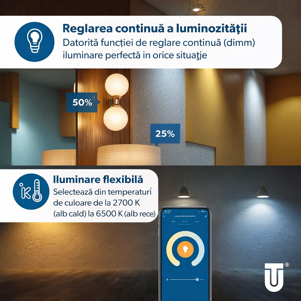 Bec Inteligent UNITEC WiFi LED E27, RGB+CCT, 10W, Dimmabil, Control prin App & Voice