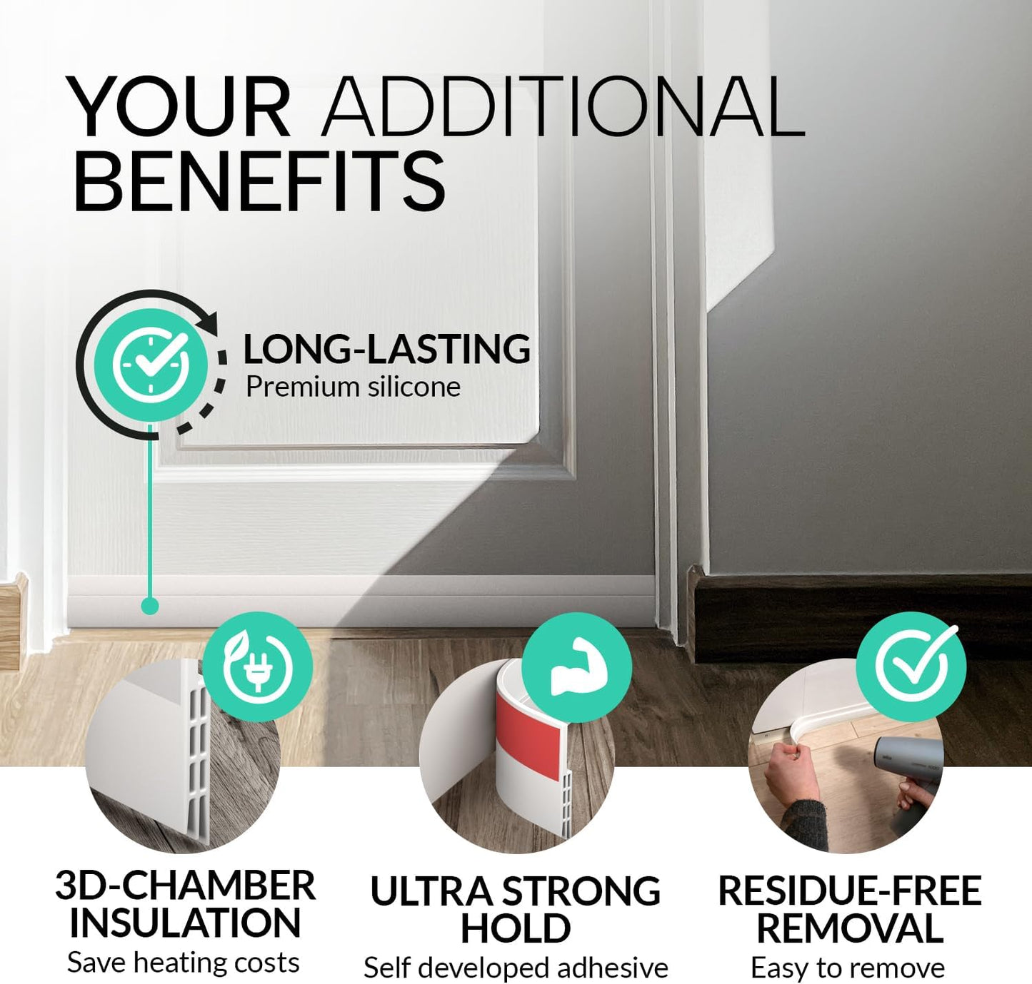 Vellure® Door Draft Stopper – Bandă de etanșare pentru partea de jos a ușii, silicon premium, 100 cm, alb