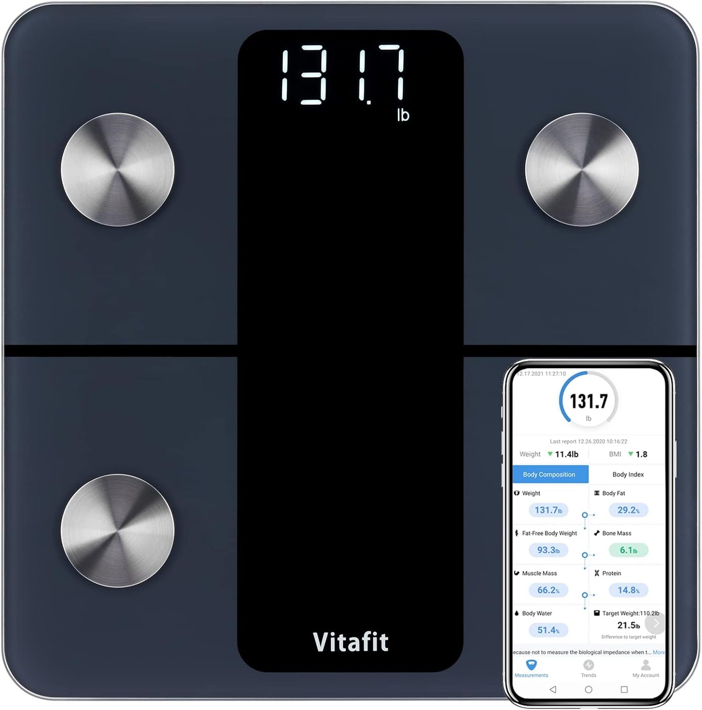 Cântar Inteligent Vitafit Smart Scale – 13 Analize Corporale, Bluetooth, Acuratețe 0,1 lb / 0,05 kg, 182 kg, LED – Negru