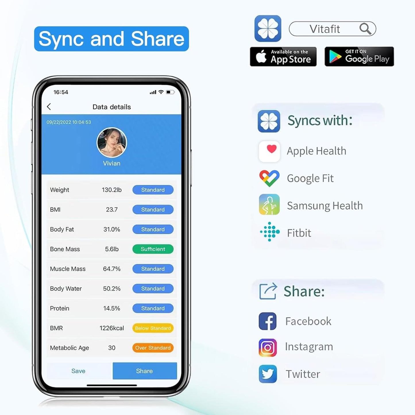 Cântar Inteligent Vitafit Smart Scale – 13 Analize Corporale, Bluetooth, Acuratețe 0,1 lb / 0,05 kg, 182 kg, LED – Negru