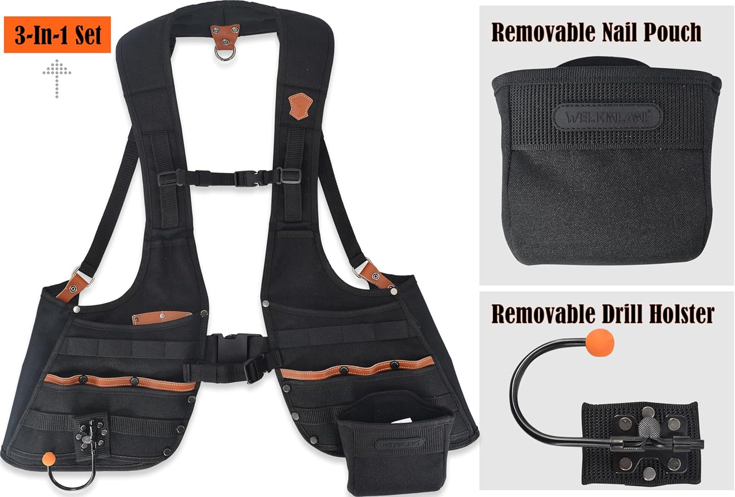 Vestă Profesională pentru Unelte WELKINLAND Top‑G – Piele Buffalo + 1000D Kordura, 33 de buzunare, ajustabilă (mărime L)