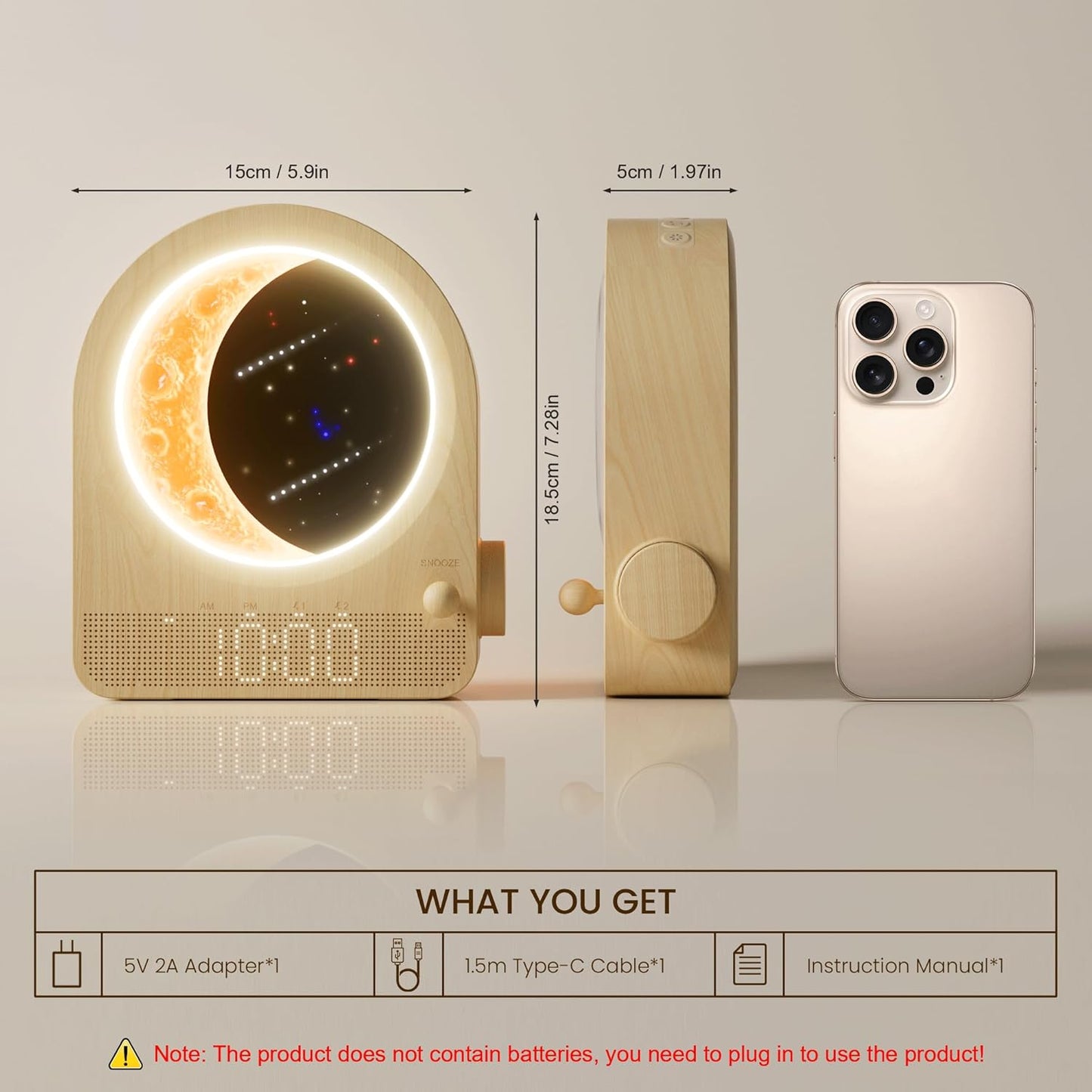 🌅 Blonbar – Ceas cu Alarmă Sunrise & Lampă Lună 3D, Sunete Naturale, Dublă Alarmă, Timer 30/60/90 min