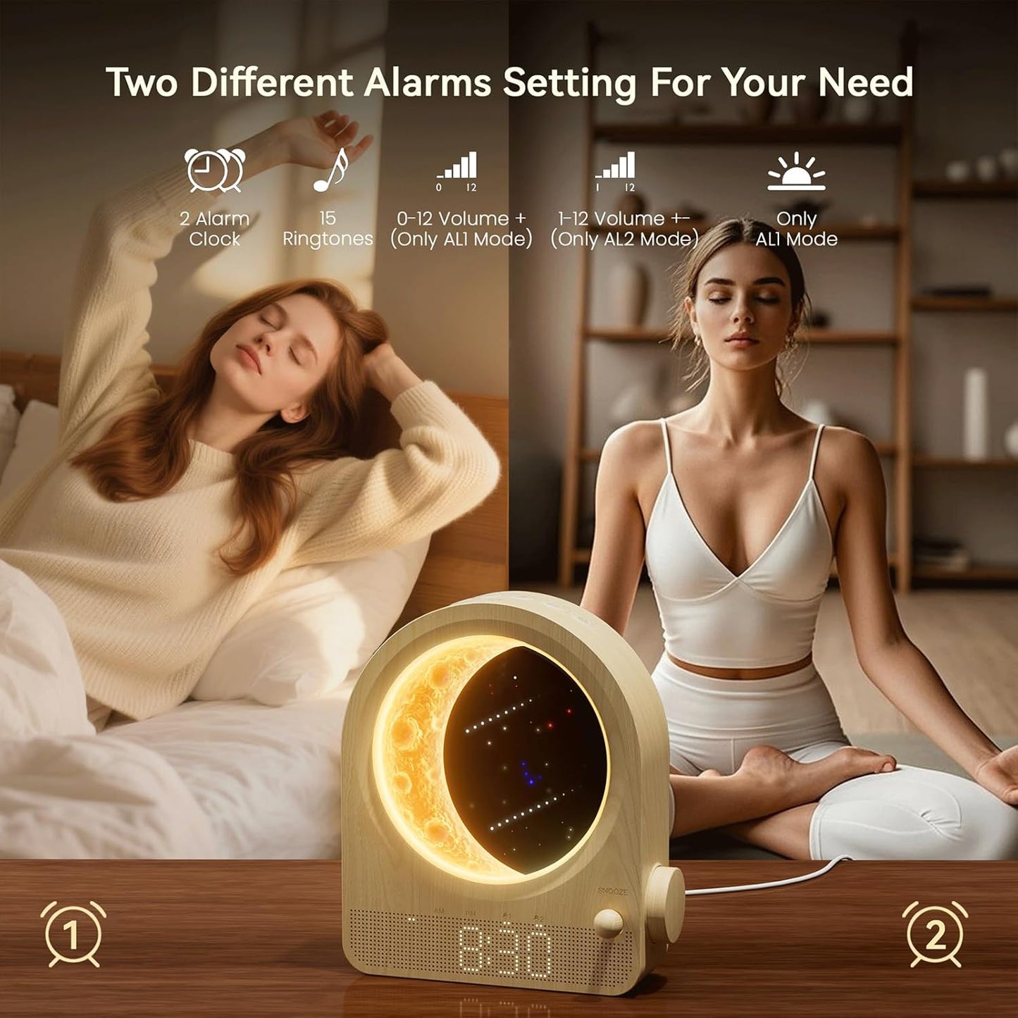 🌅 Blonbar – Ceas cu Alarmă Sunrise & Lampă Lună 3D, Sunete Naturale, Dublă Alarmă, Timer 30/60/90 min