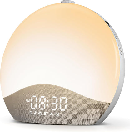 Lampa cu ceas cu Alarmă ecozy Sunrise – Lumină de Trezire, White Noise, 26 Sunete, 17 Culori, Difuzor Bluetooth