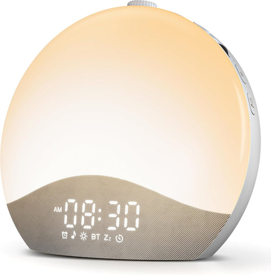 Lampa cu ceas cu Alarmă ecozy Sunrise – Lumină de Trezire, White Noise, 26 Sunete, 17 Culori, Difuzor Bluetooth