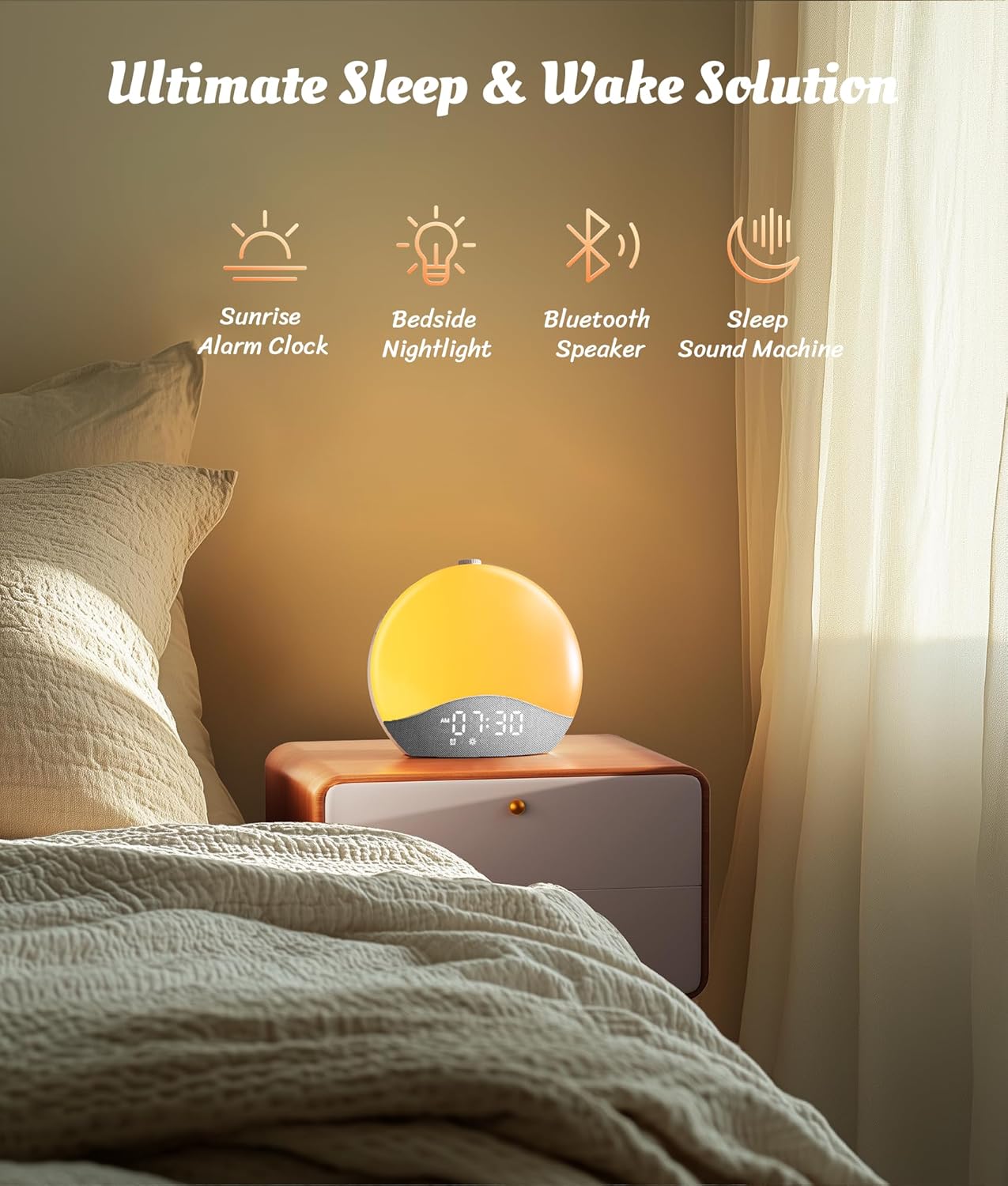 Lampa cu ceas cu Alarmă ecozy Sunrise – Lumină de Trezire, White Noise, 26 Sunete, 17 Culori, Difuzor Bluetooth