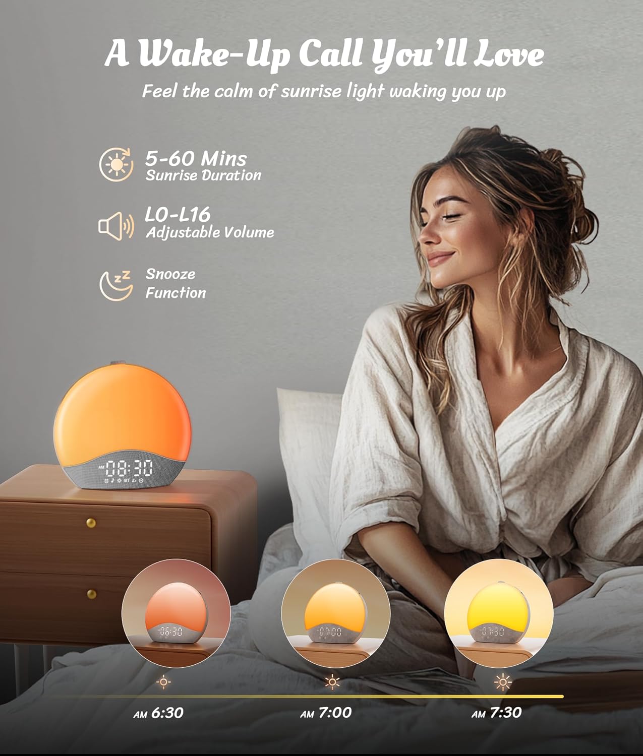 Lampa cu ceas cu Alarmă ecozy Sunrise – Lumină de Trezire, White Noise, 26 Sunete, 17 Culori, Difuzor Bluetooth