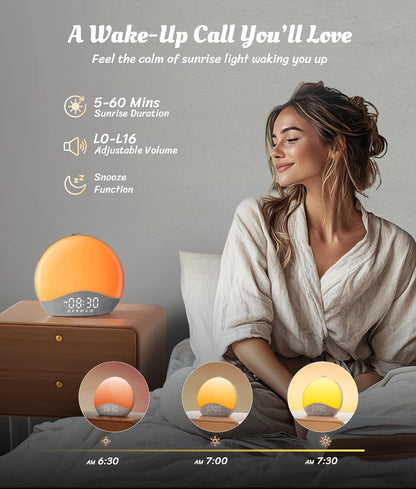 Lampa cu ceas cu Alarmă ecozy Sunrise – Lumină de Trezire, White Noise, 26 Sunete, 17 Culori, Difuzor Bluetooth