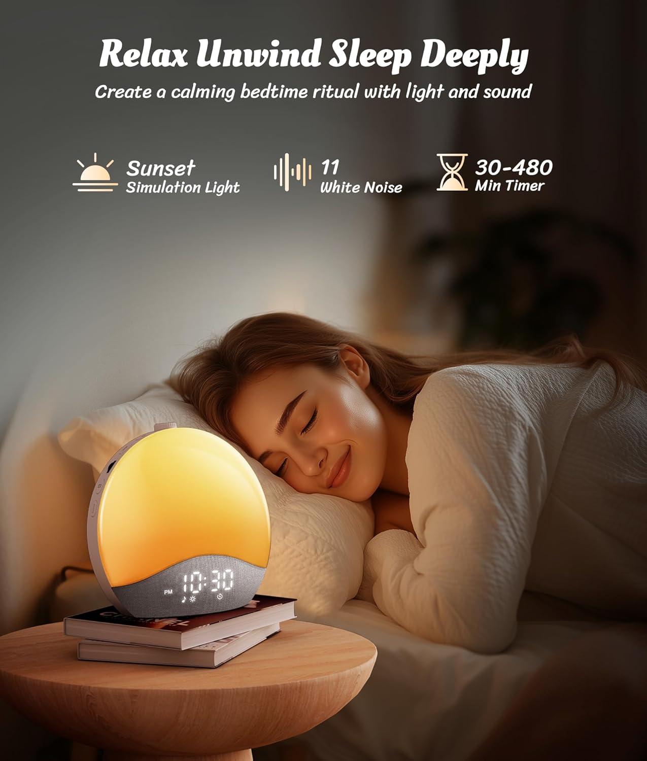 Lampa cu ceas cu Alarmă ecozy Sunrise – Lumină de Trezire, White Noise, 26 Sunete, 17 Culori, Difuzor Bluetooth