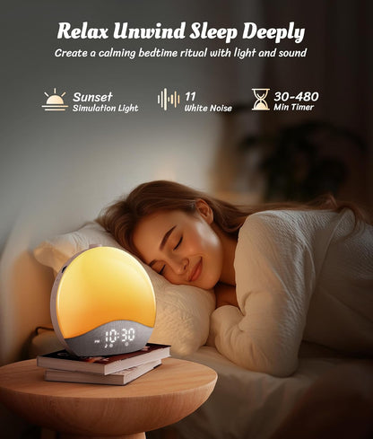 Lampa cu ceas cu Alarmă ecozy Sunrise – Lumină de Trezire, White Noise, 26 Sunete, 17 Culori, Difuzor Bluetooth