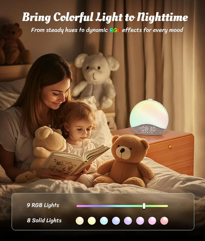 Lampa cu ceas cu Alarmă ecozy Sunrise – Lumină de Trezire, White Noise, 26 Sunete, 17 Culori, Difuzor Bluetooth
