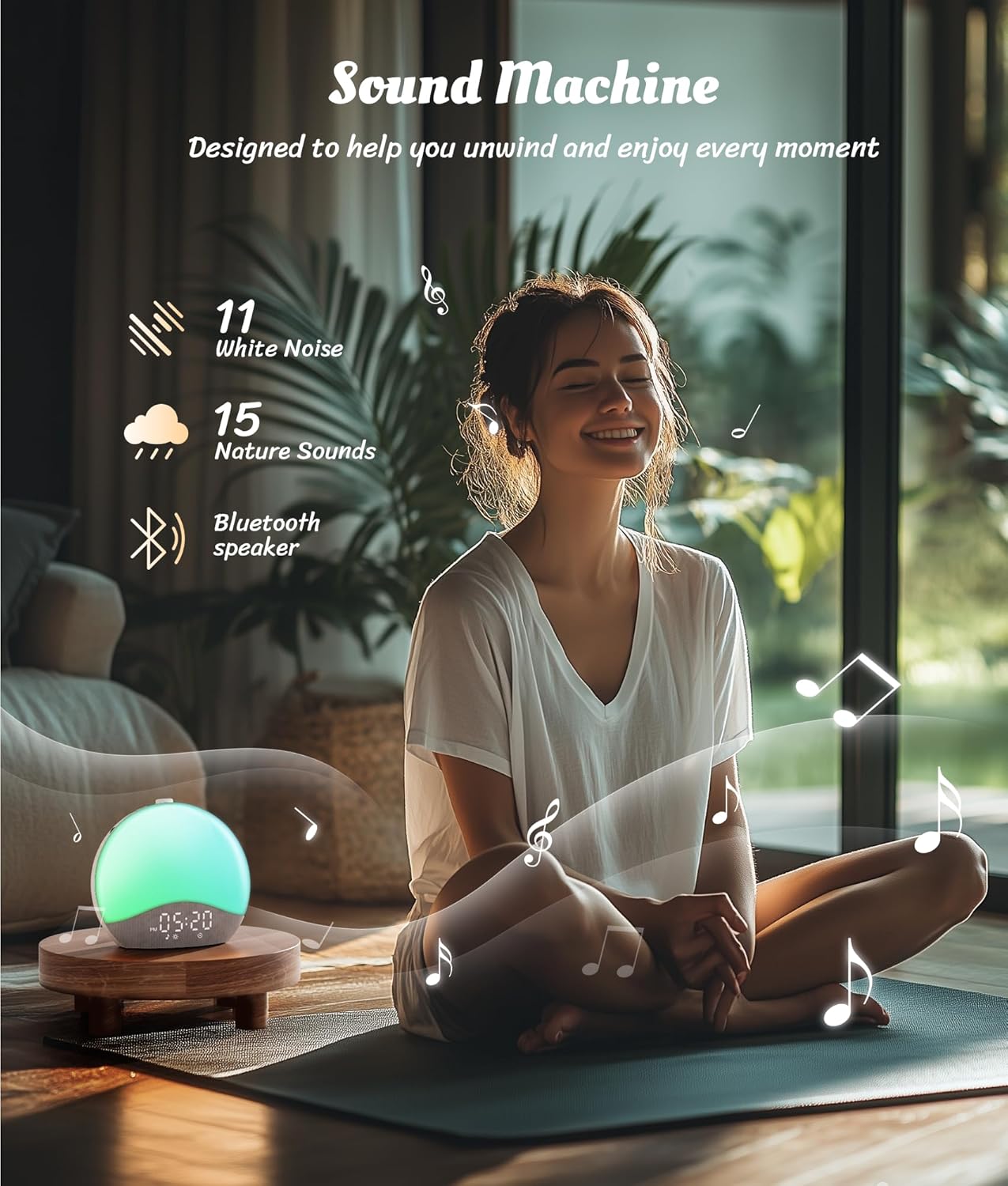 Lampa cu ceas cu Alarmă ecozy Sunrise – Lumină de Trezire, White Noise, 26 Sunete, 17 Culori, Difuzor Bluetooth
