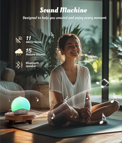 Lampa cu ceas cu Alarmă ecozy Sunrise – Lumină de Trezire, White Noise, 26 Sunete, 17 Culori, Difuzor Bluetooth